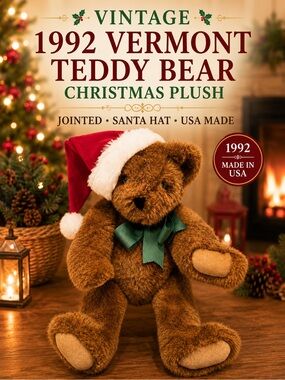 Vintage 1992 Vermont Teddy Bear Christmas Plush Jointed Santa Hat USA Made